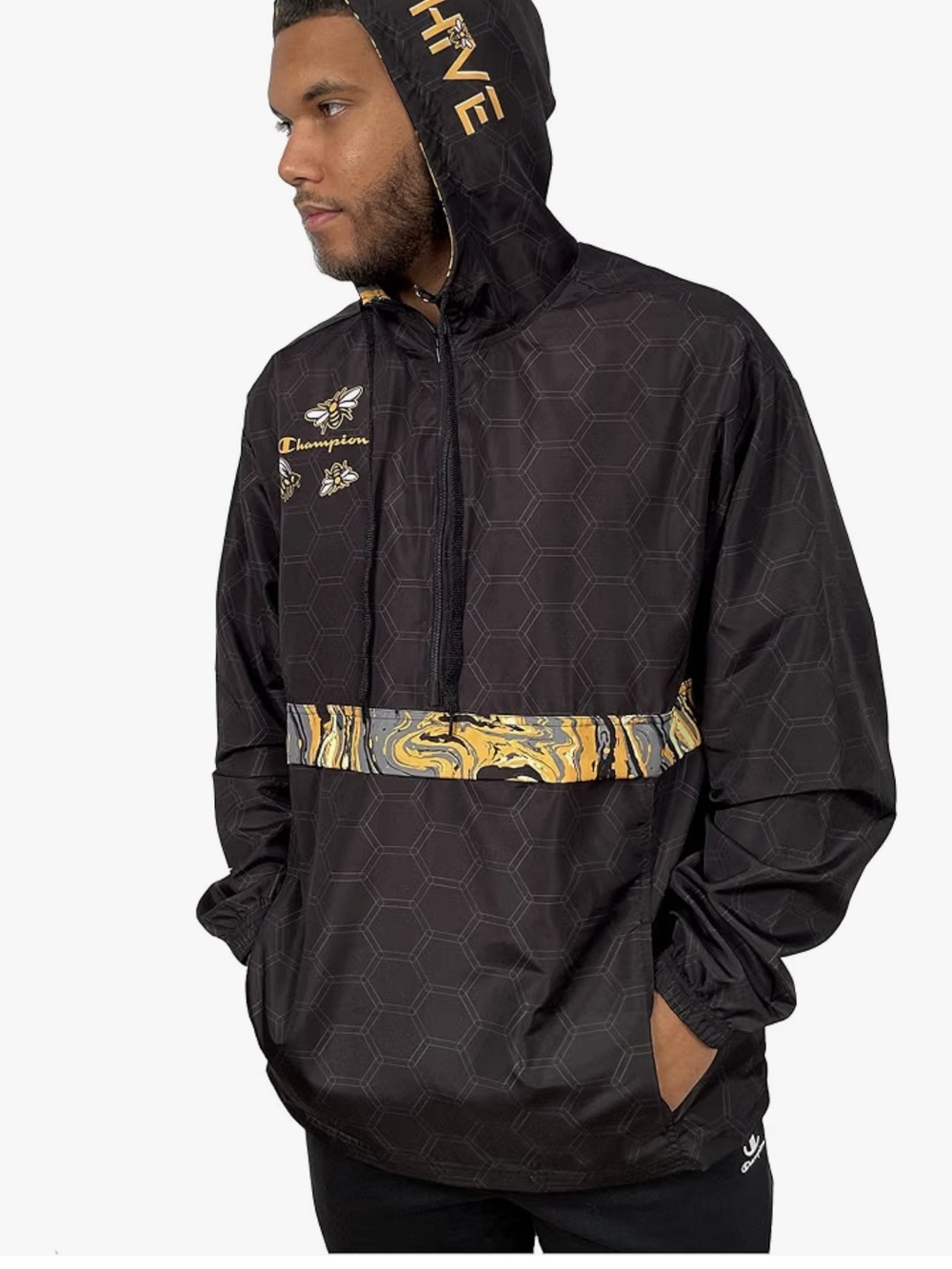 Champion Adult Unisex Size Small Black Windbreaker Jacket with Gold Accent